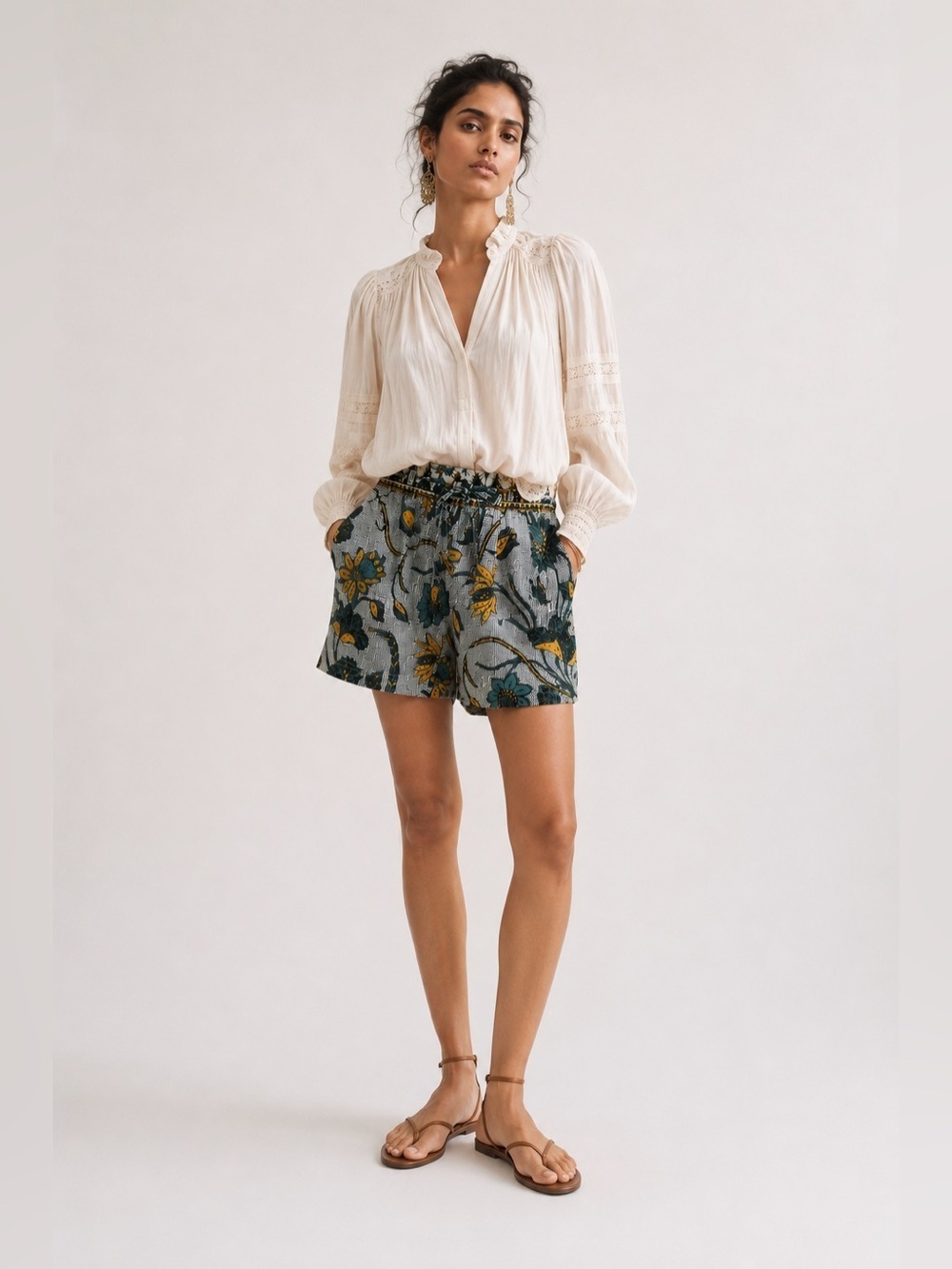 Ulla Johnson Rowan Shorts in Portofino colorway black & white yellow floral. 2